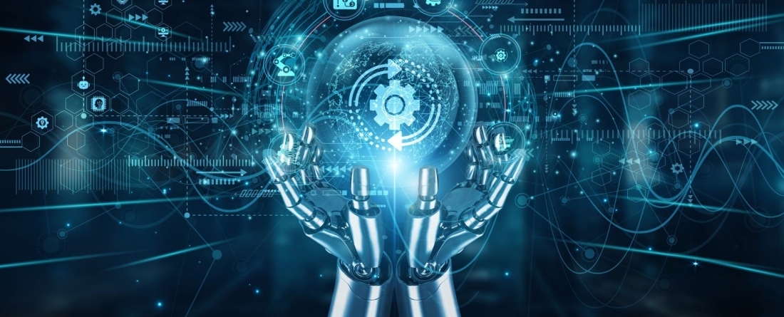 robot hands holding AI globe