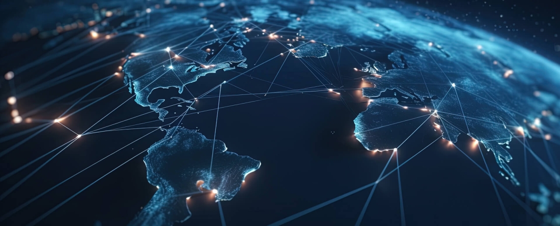 Satellite image of Earth showing city lights and interconnections between nations